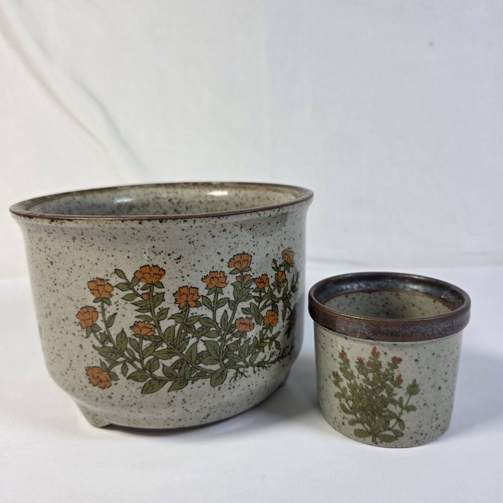 Vintage Takahashi Japan 70s Floral Speckled Stoneware Planters Set of 2 Pottery